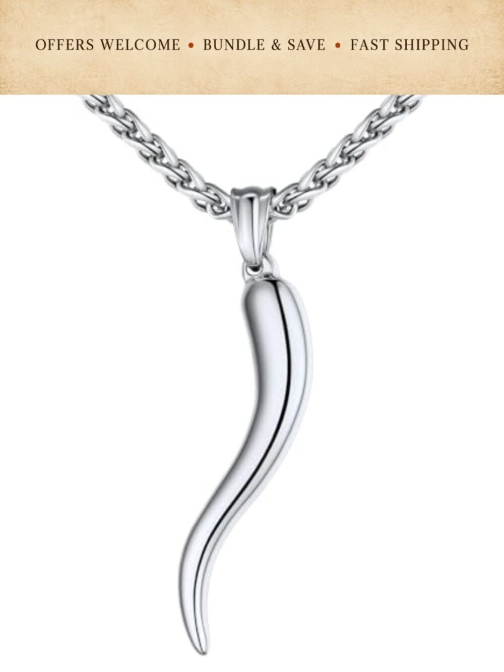 Italian Horn Pendant Necklace Stainless Steel 18k Gold Plated Amulet Charm